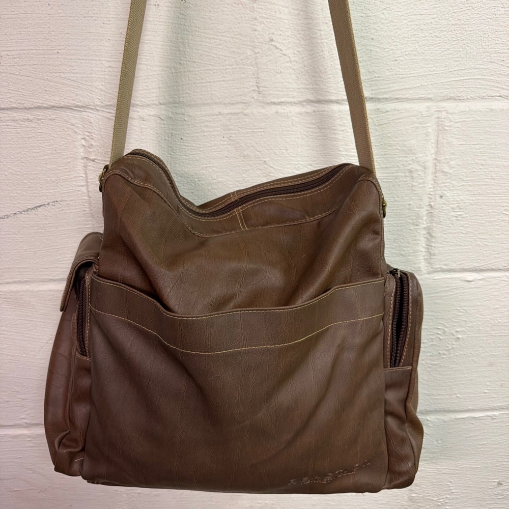 VTG Kenneth Cole Reaction Brown Faux Leather Crossbody Messenger Bag MultiPocket